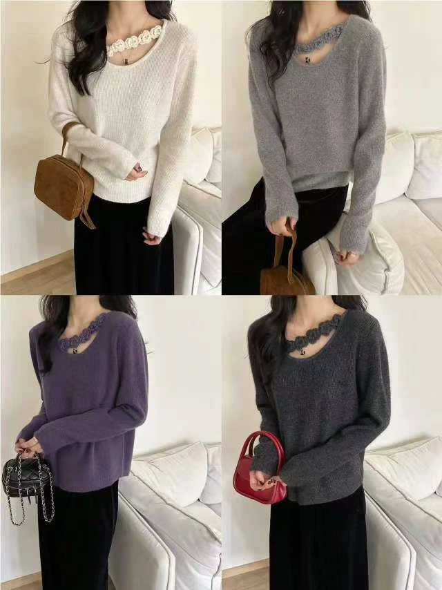 【锦衣服饰】MM 2740立体花朵斜领针织毛衣