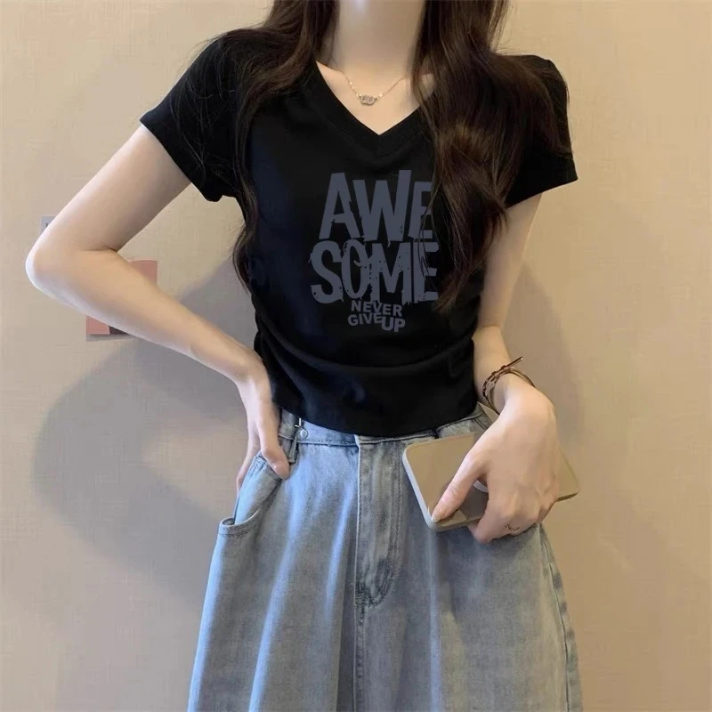 V领收腰正肩短袖T恤女夏季2025年新款褶皱修身显瘦百搭洋气上衣