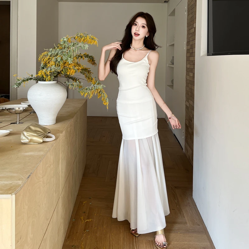 纯欲风性感夏季法式设计感气质优雅修身收腰初恋假两件长款吊带裙