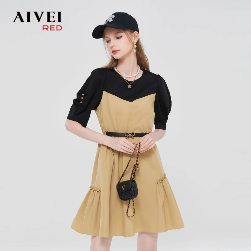 AIVEI欣贺艾薇法式通勤短袖褶皱百搭连衣裙 Q0160075