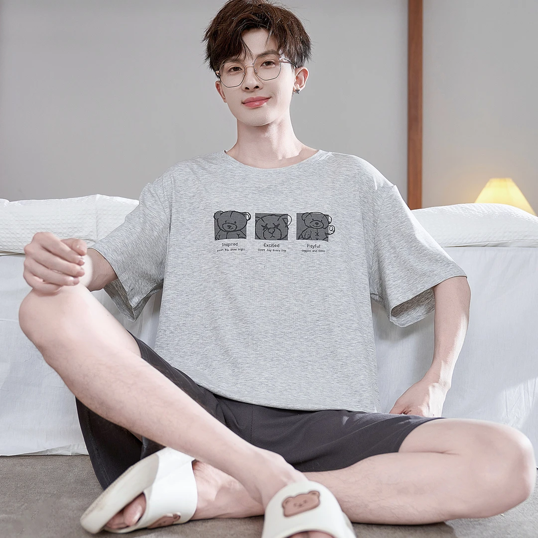 大码睡衣夏季男款短袖莫代尔宽松青少年学生男士家居服套装薄款