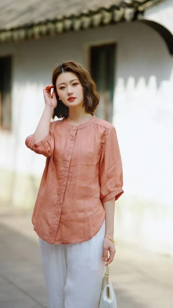 苎麻衬衫文艺复古夏季新款休闲宽松显瘦棉麻衬衣开衫五分上衣