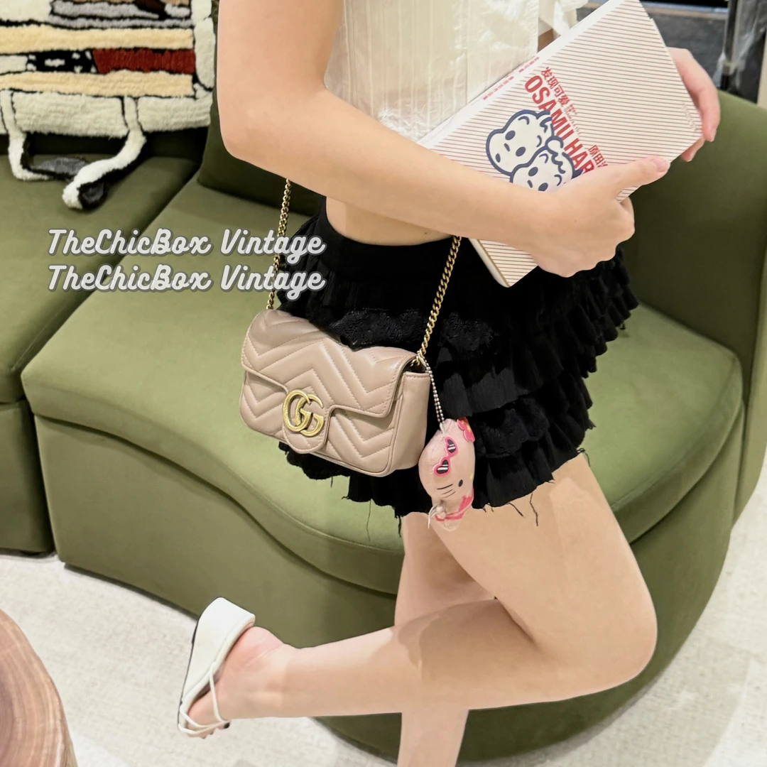 95新 GUCCI/古驰 只盒/Gucci奶茶Supermini马蒙斜挎包