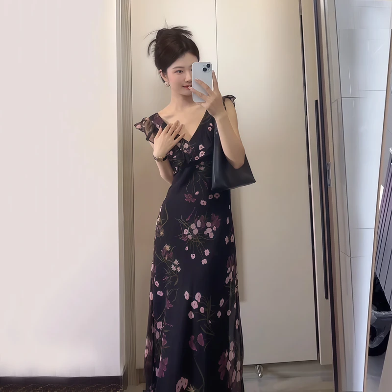 【静夜幽兰】法式荷叶边碎花连衣裙女夏季风情万种复古气质显瘦长裙