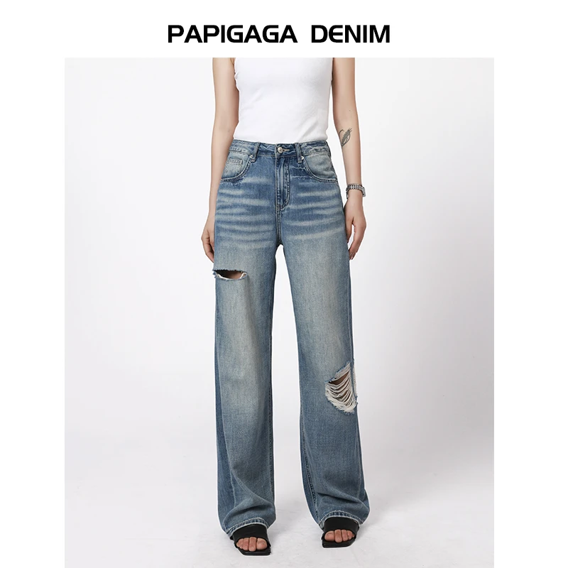 【夏季莱赛尔】2025年春夏款薄款破洞直筒牛仔裤女长裤设计感阔腿裤