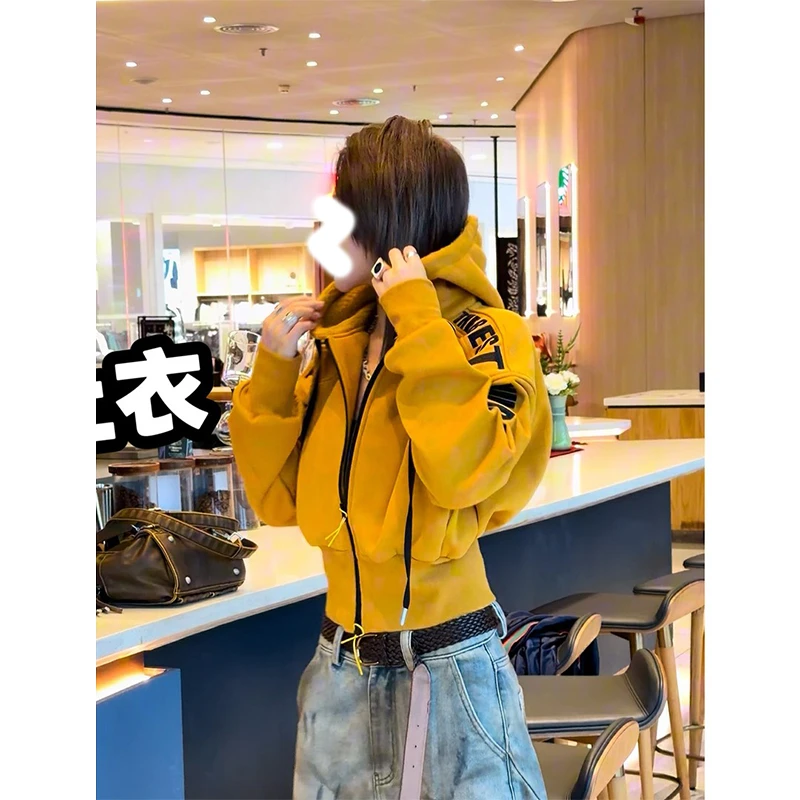 美式复古字母印花连帽卫衣女冬季加绒加厚小个子收腰短款开衫上衣