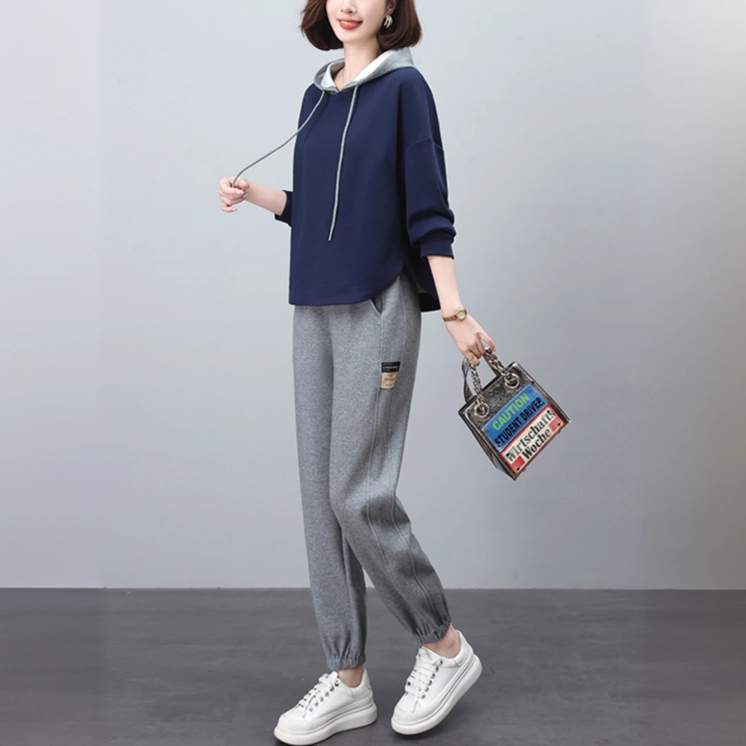 MORNYMOSS/默尼密司运动套装女春秋款薄款拼色宽松连帽卫衣两件套