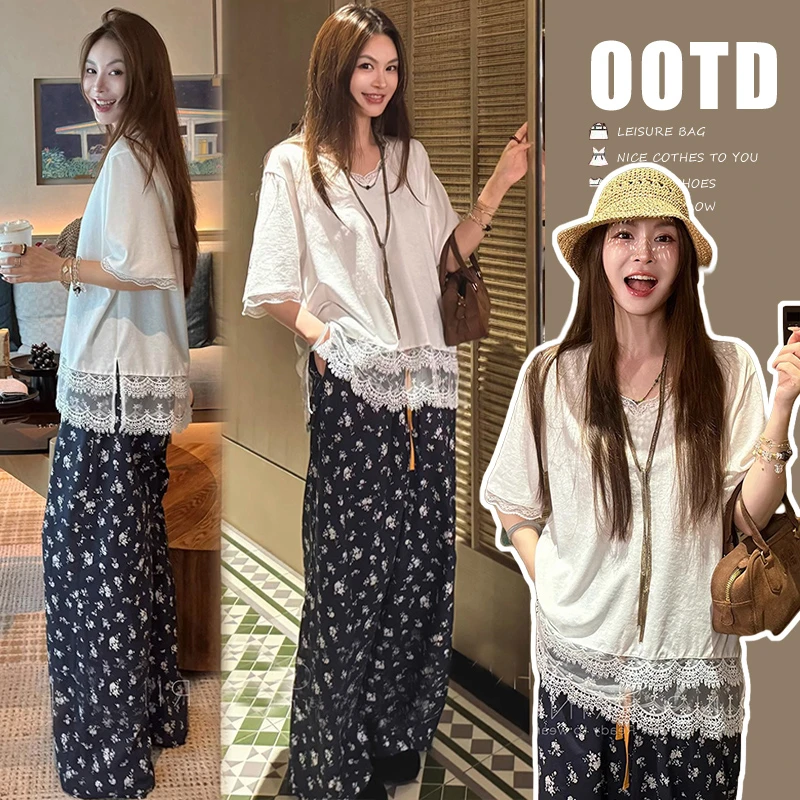 孕妇套装 孕妇装夏季新款潮妈碎花宽松阔腿裤套装 气质潮妈两件套
