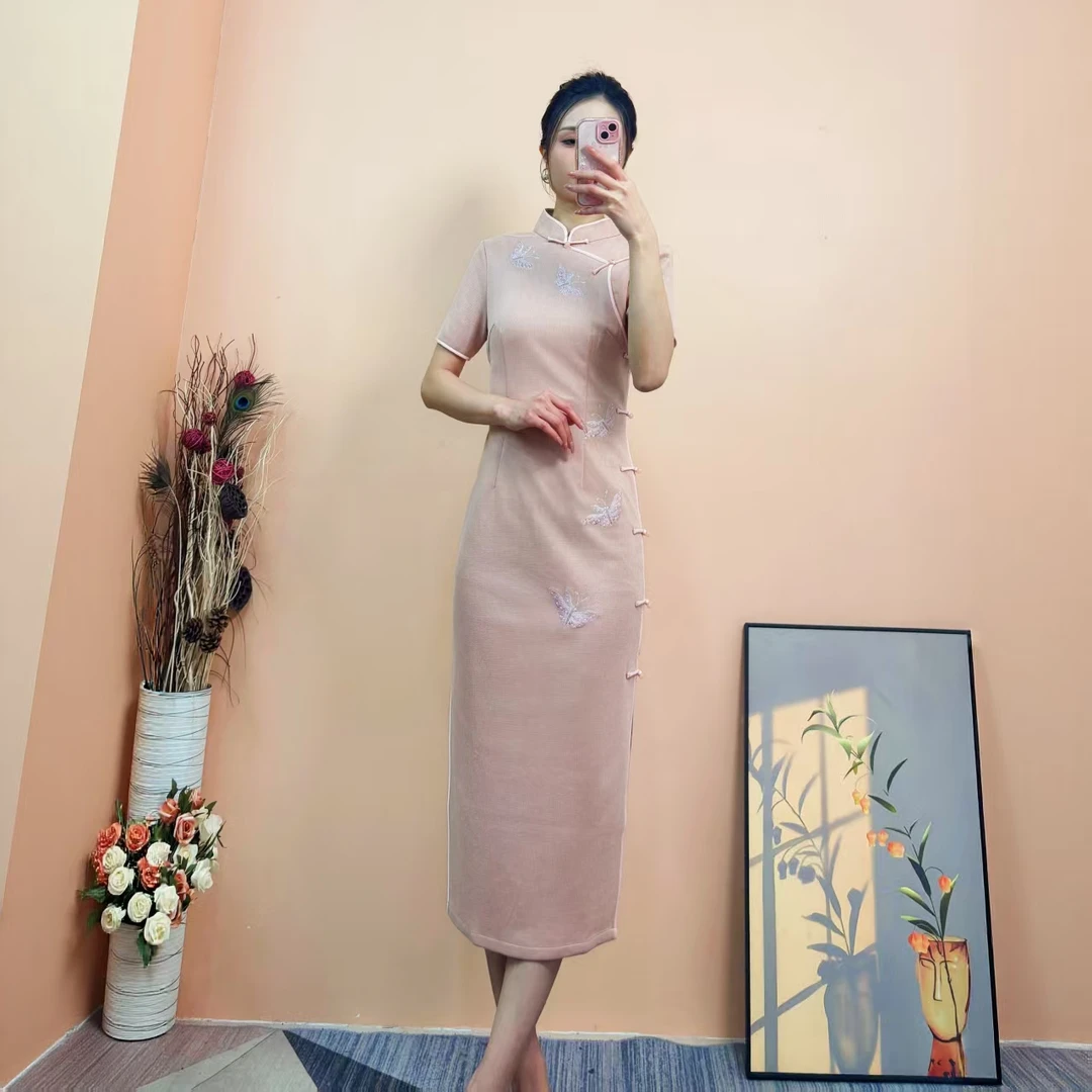 [依易原创]新中式气质优雅细闪蝴蝶刺绣简约复古改良旗袍裙C0714