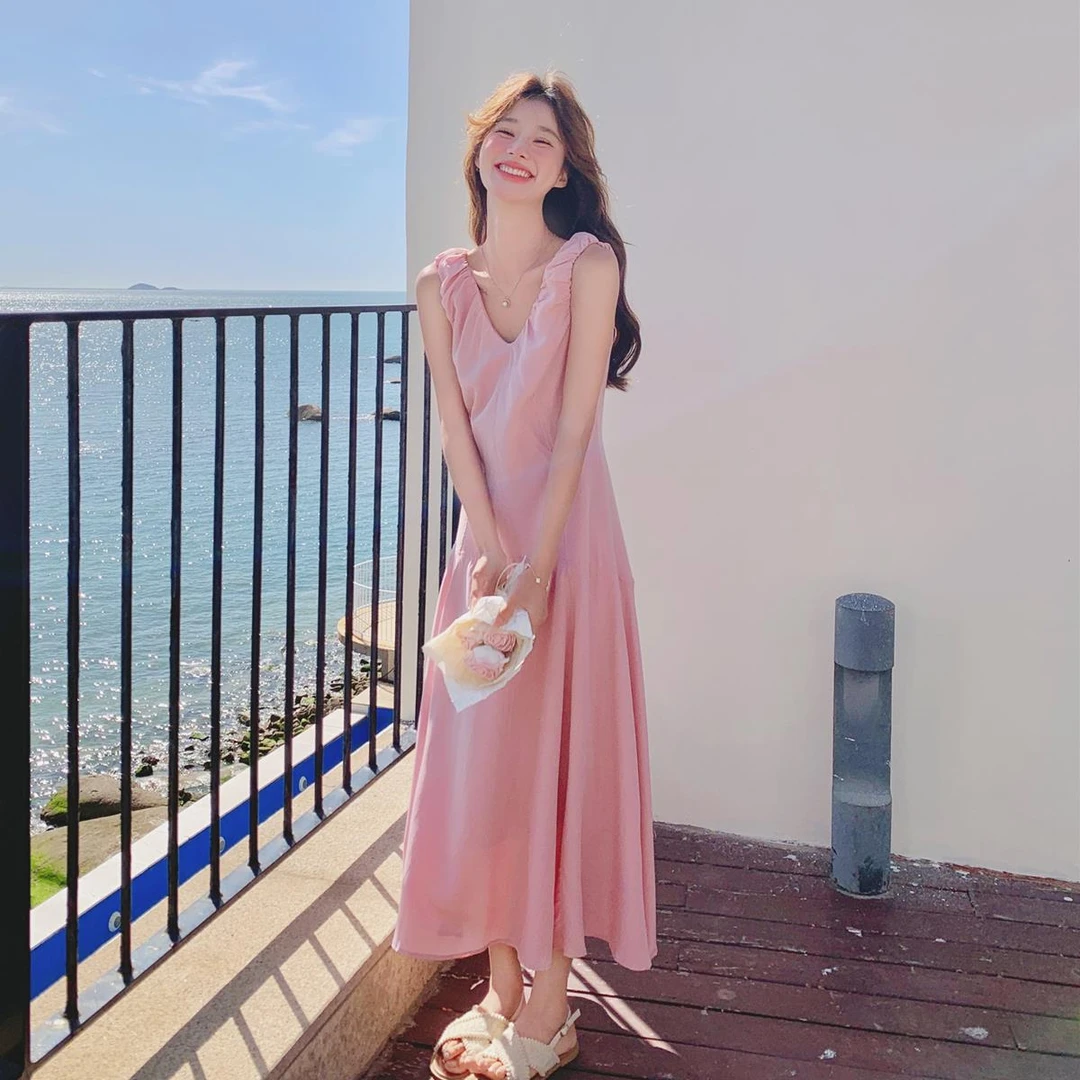 粉色V领无袖连衣裙女夏季2025新款韩系显瘦温柔慵懒风长款背心裙