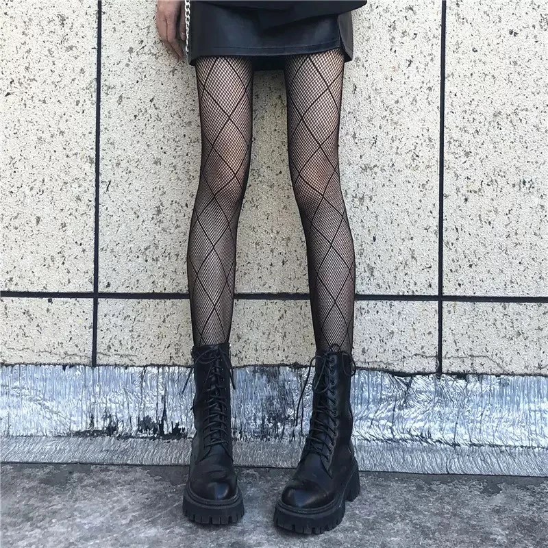 春秋网红薄款方格网袜黑丝袜外穿渔网袜镂空菱形网袜女性感打底袜