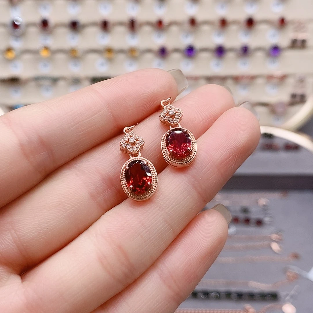 石榴石耳钉银S925镶嵌耳钉