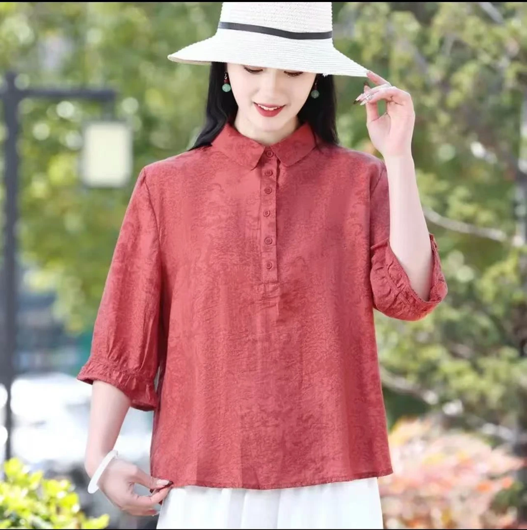 【提花】新款时尚2025气质减龄短袖洋气显瘦时尚百搭宽松翻领上衣