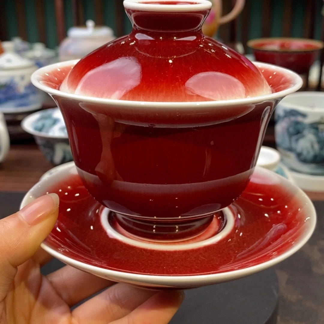 手工陶瓷郎红三才盖碗