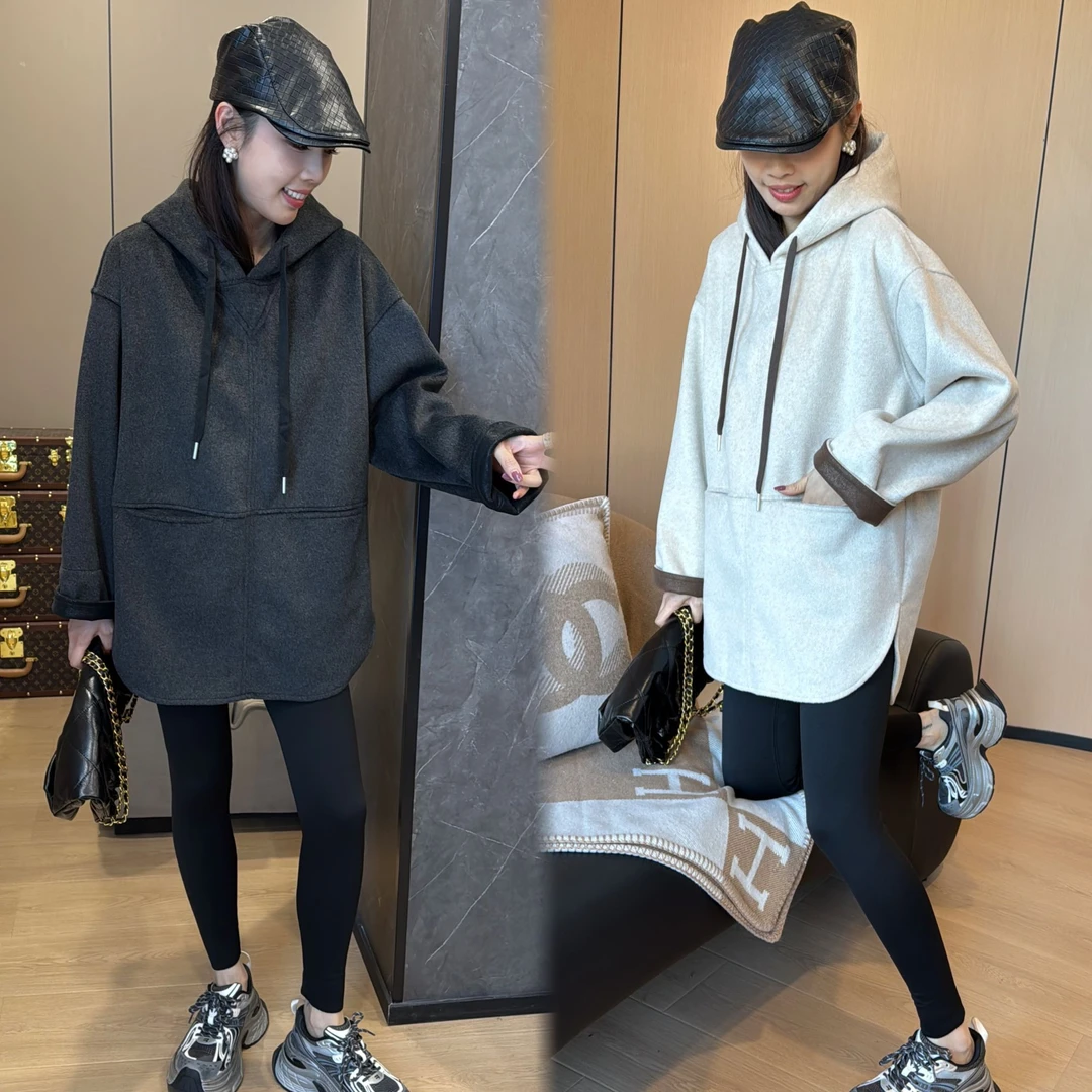 秋冬新款中长款宽松慵懒风连帽毛呢长袖卫衣#24404