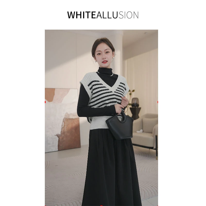 清仓【275】复古文艺秋冬气质纯羊毛提花拼接V领套头针织衫