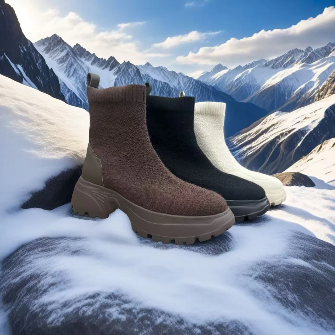 得乐3D飞织工艺防水鞋面弹力厚底羊毛短靴2E46310