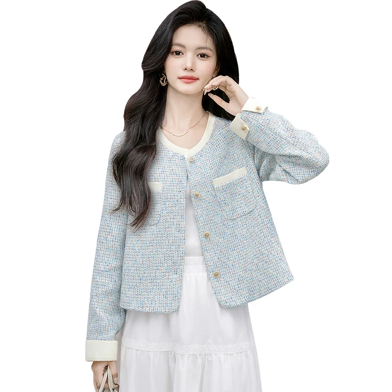 丝柏舍2025春装新款女撞色拼接优雅圆领长袖小香风外套S51B1018A