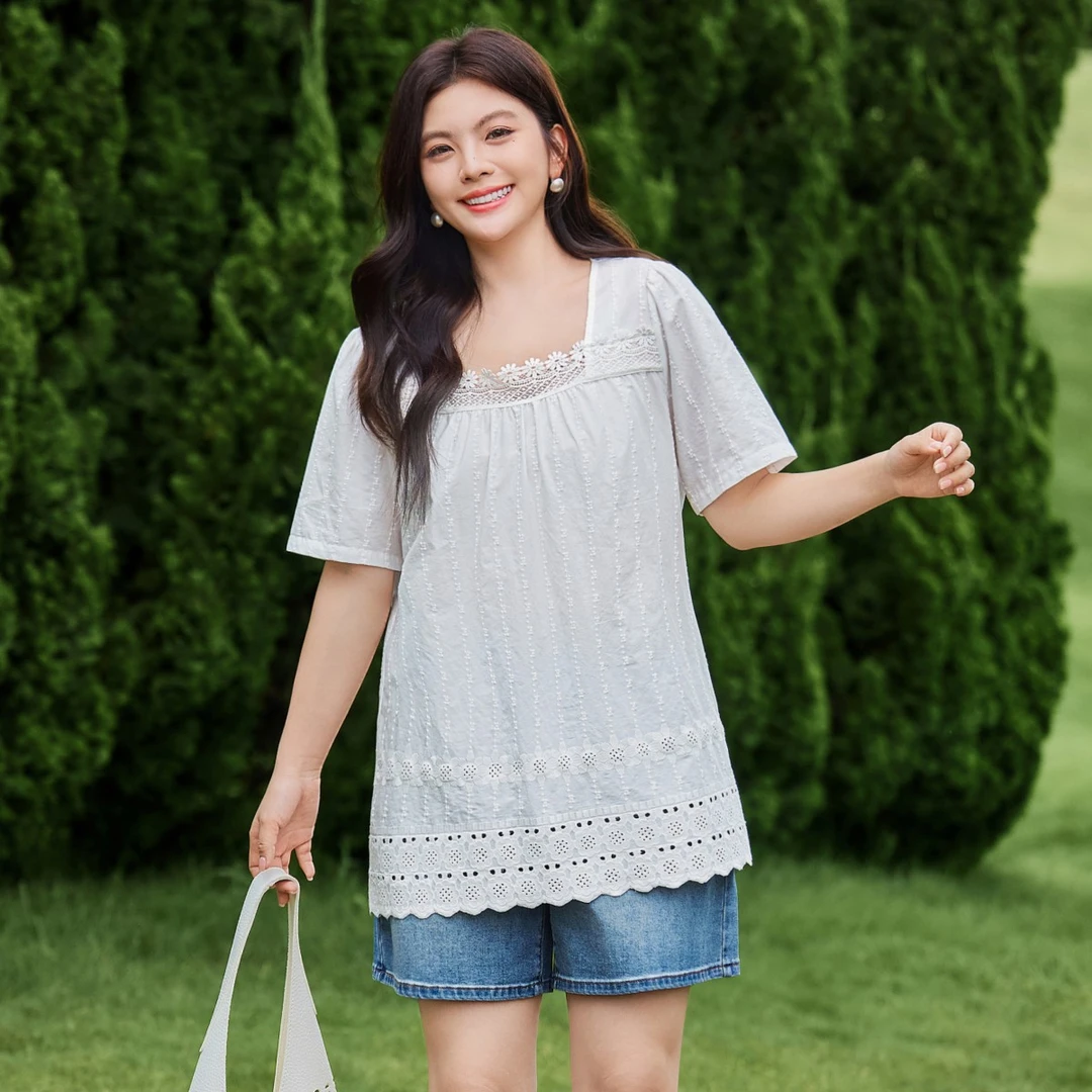 【重工刺绣镂空方领小衫】MsShe大码女装夏宽松中长款短袖C2507007