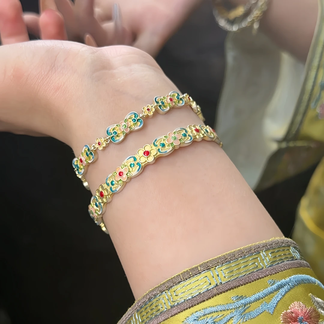 足银珐琅手镯 珐琅{花语}纯银手镯-实心足银999.9清新精致ins手工