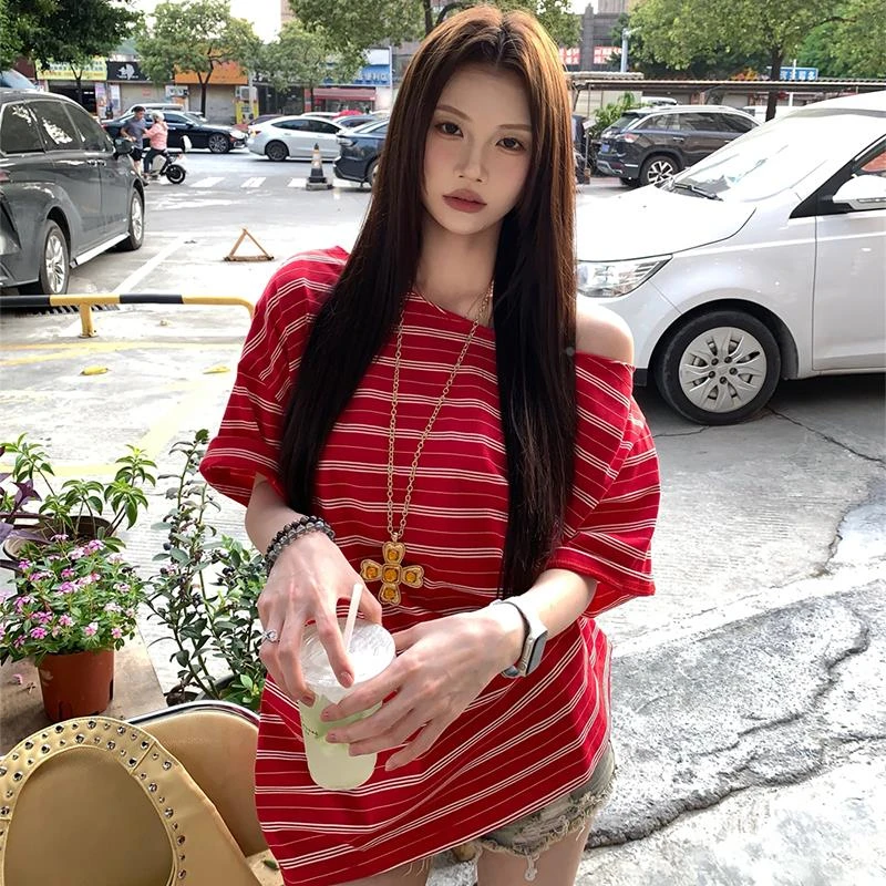 美式红色条纹斜肩短袖t恤女夏季宽松显瘦防晒罩衫慵懒风休闲上衣