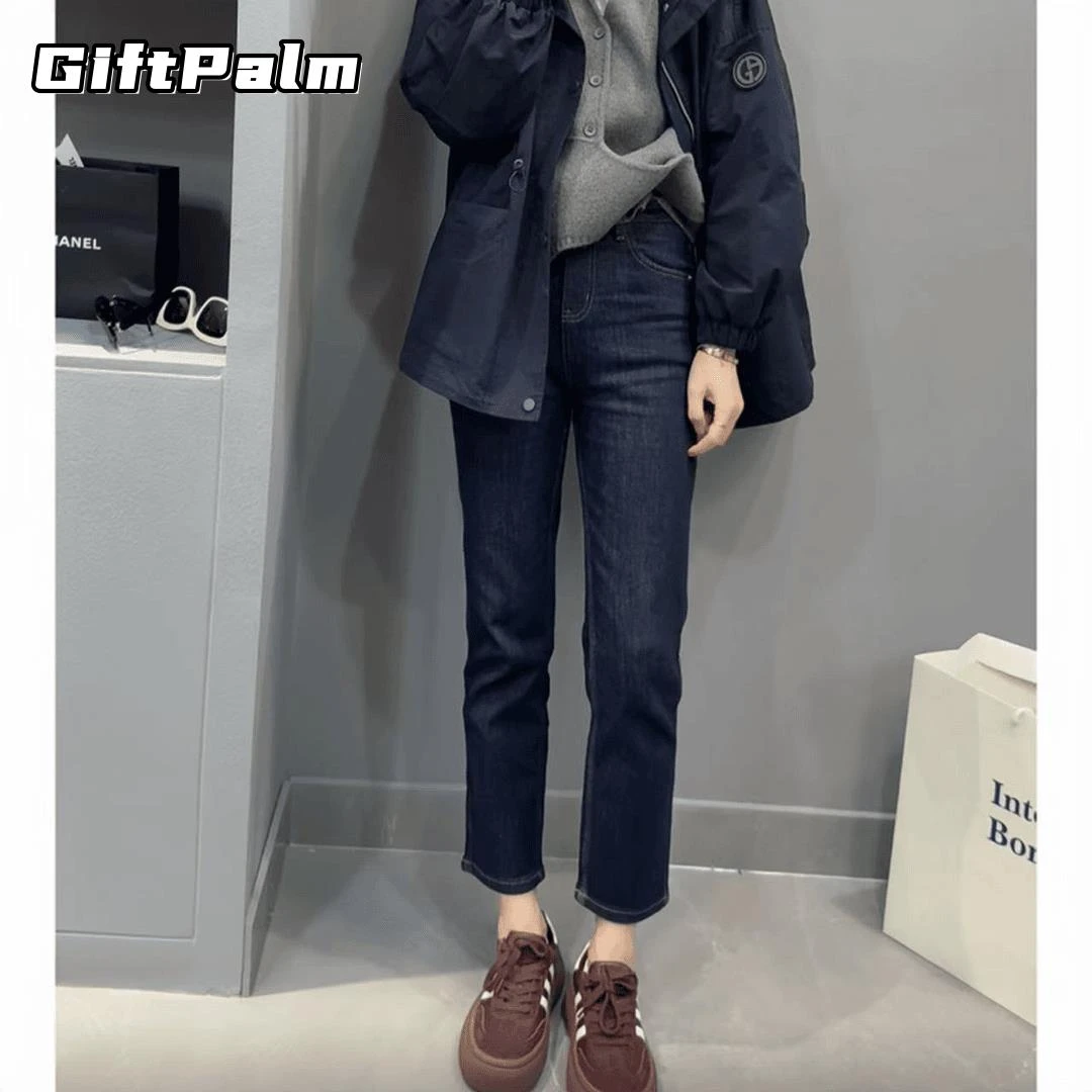 GiftPalm秋季新款普洗蓝高腰牛仔裤小个子弹力显瘦九分直筒烟管裤