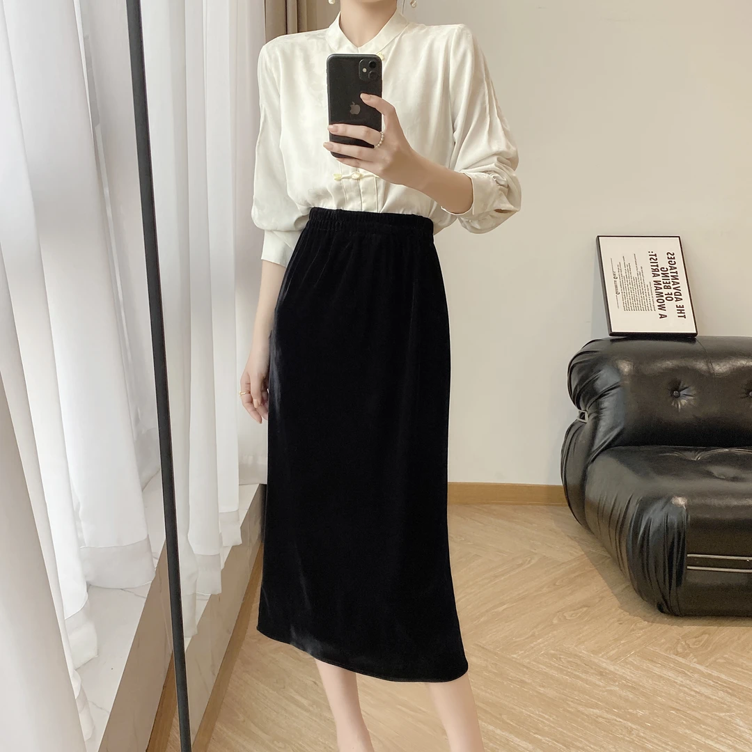 【Q01】黑色金丝绒半身裙女秋冬新款包臀裙直筒a字长裙高级感冬裙子