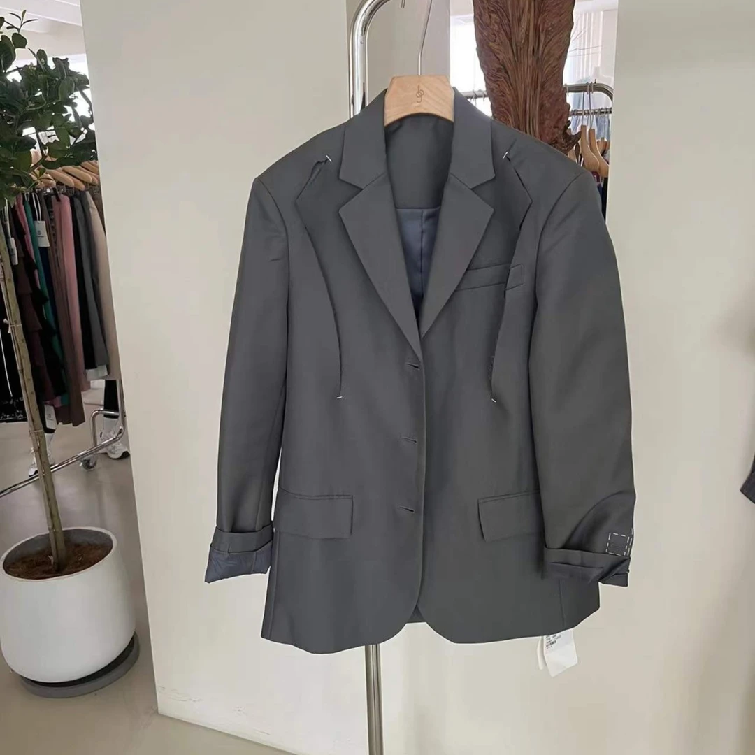 |101145西装女外套廓形西服韩版灰色气质中长款西装【瑕疵】