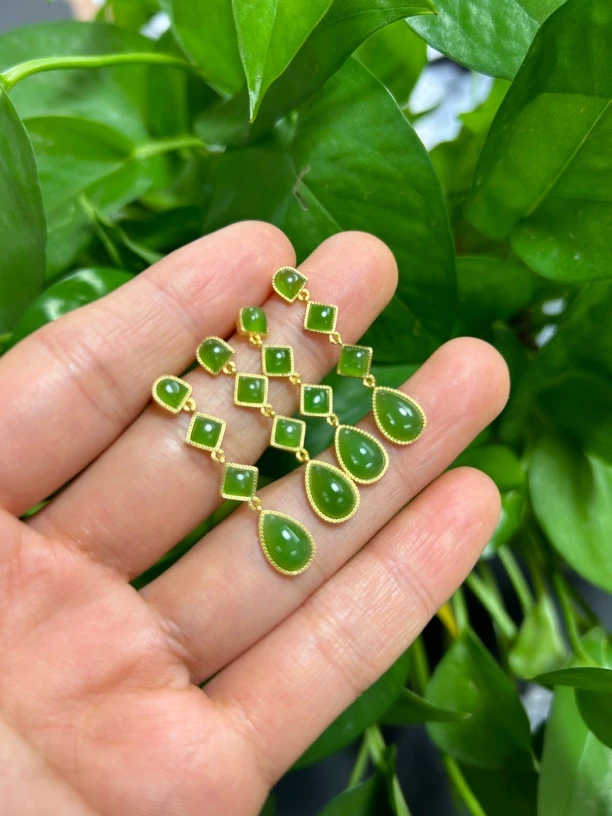 和田玉耳饰925银 碧玉老料 苹果绿颜色多样性发货拍一发一