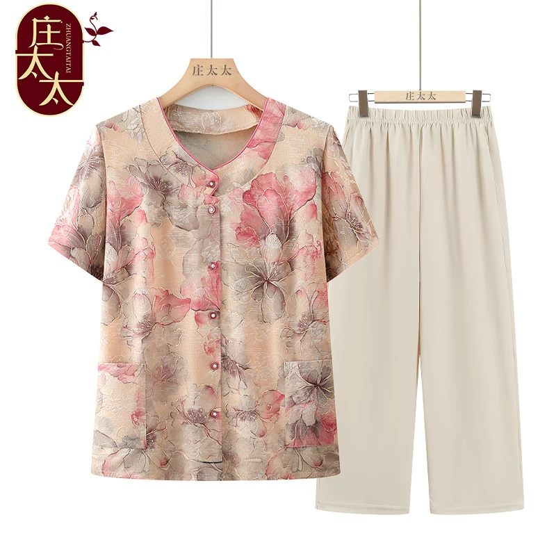 奶奶短袖衬衫女夏季老年人圆领上衣2025年夏装新款老太太洋气衣服