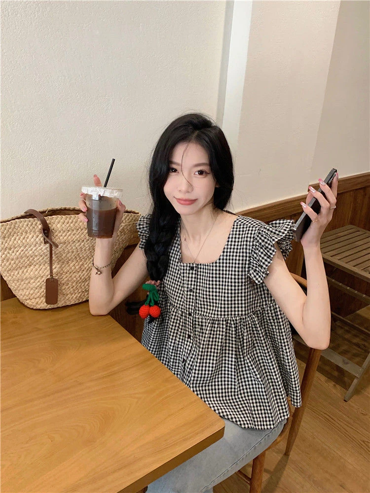 方领显瘦格子夏季泡泡袖衬衫法式复古仙女风无袖