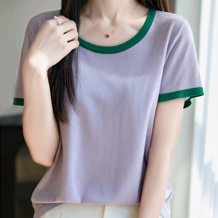 精仿桑蚕丝羊毛撞色圆领短袖
