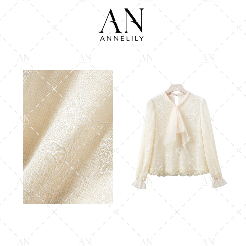 ANNELILY【小幽】新款设计感精致百搭重工针织蕾丝衬衫AC2408152