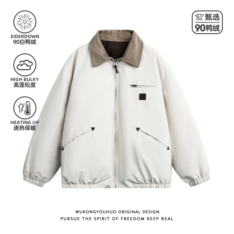 悟空有货冬季90白鸭绒双面穿羽绒服男女潮牌复古宽松情侣保暖外套
