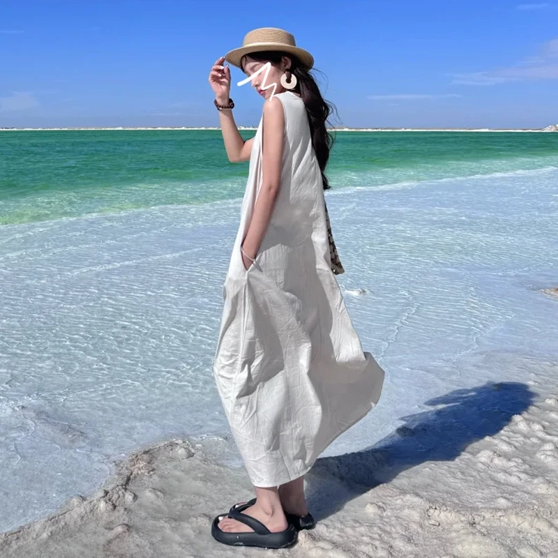4469法式白色无袖背心连衣裙子女夏季2025新款超好看海边度假长裙