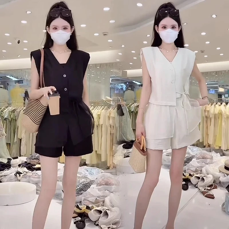 时尚气质套装女2025夏季新款洋气显瘦绑带上衣短裤休闲减龄两件套
