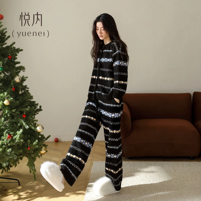 悦内半边绒睡衣女冬季秋冬款珊瑚绒保暖家居服冰岛提花毛绒可外穿