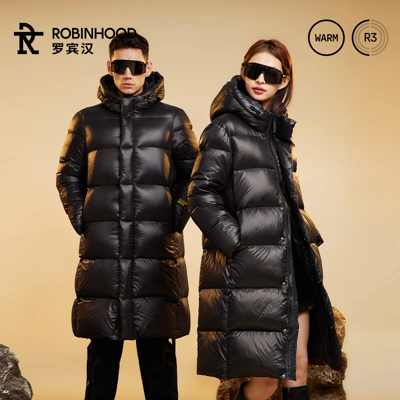 ROBINHOOD/罗宾汉黑金情侣长款白鸭绒羽绒服贾乃亮同款-R033Y6083