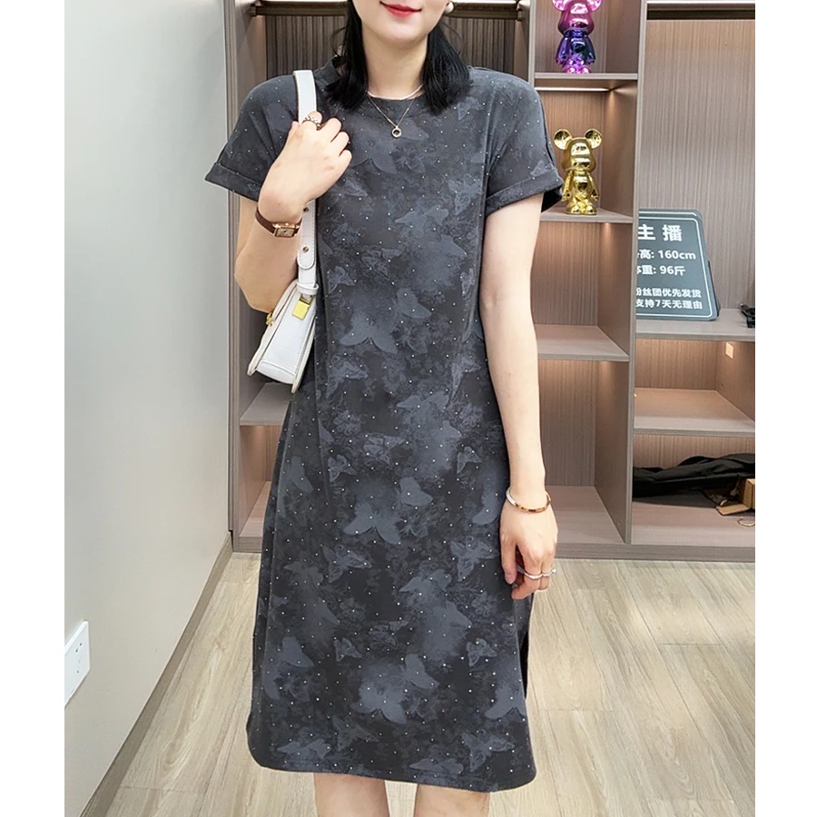 欧若风复古水墨印蝴蝶镶钻连衣裙女圆领休闲宽松显瘦T恤裙