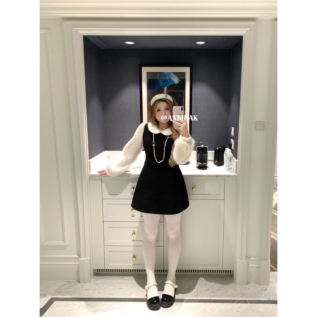 安妮不火【名门小乖女】撞色微米短绒拼接呢子连衣裙A253Q0616