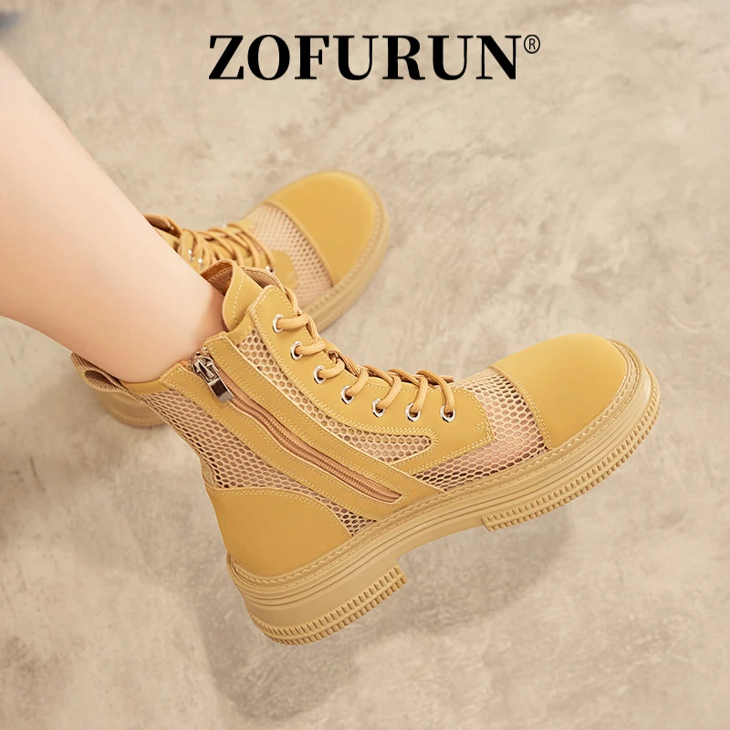 ZOFURUN内镂空马丁靴女夏季薄款时尚新款网纱凉靴真皮短靴女