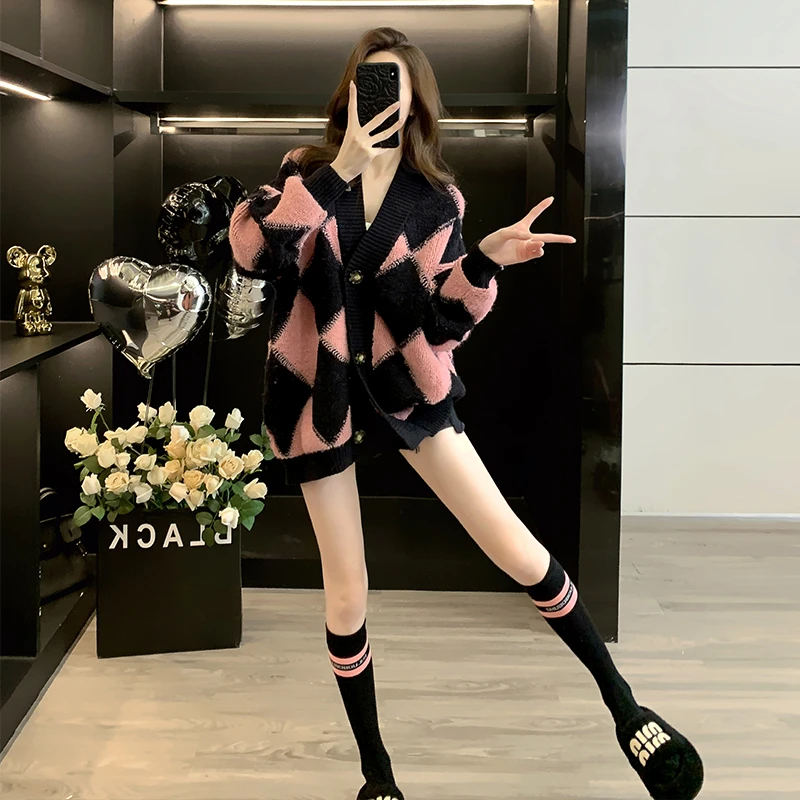 纯欲慵懒风贵气撞色毛衣外套女秋冬洋气炸街宽松百搭格子针织衫潮