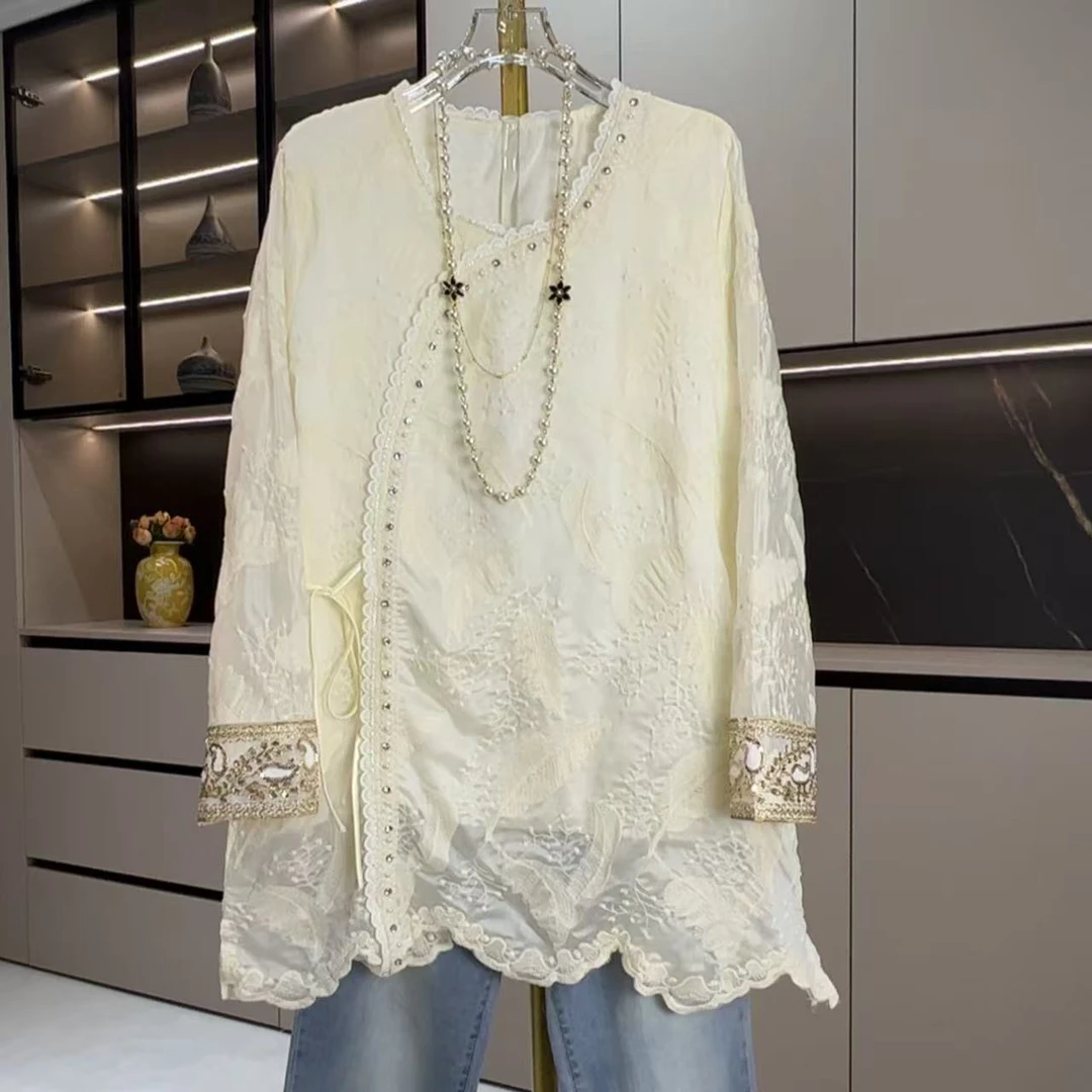 新中式国风上衣新中式金枝玉叶蕾丝长袖小衫重工刺绣衬衫女春季