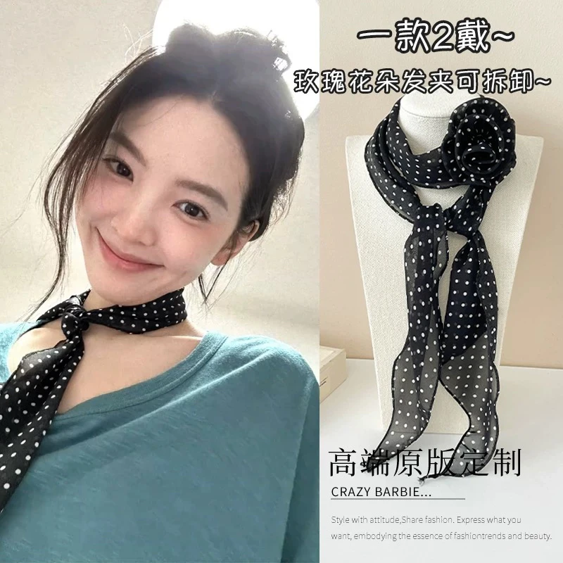 长条波点立体玫瑰花丝巾女春夏薄款氛围感小众围巾领巾细窄围脖潮