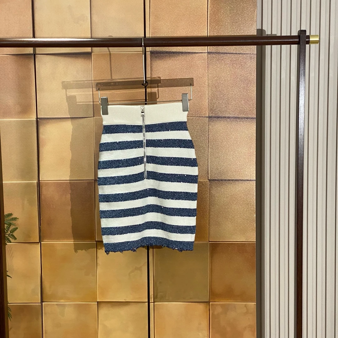 99新 BALMAIN/巴尔曼 蓝白条纹亮片针织半身裙/36码/28893