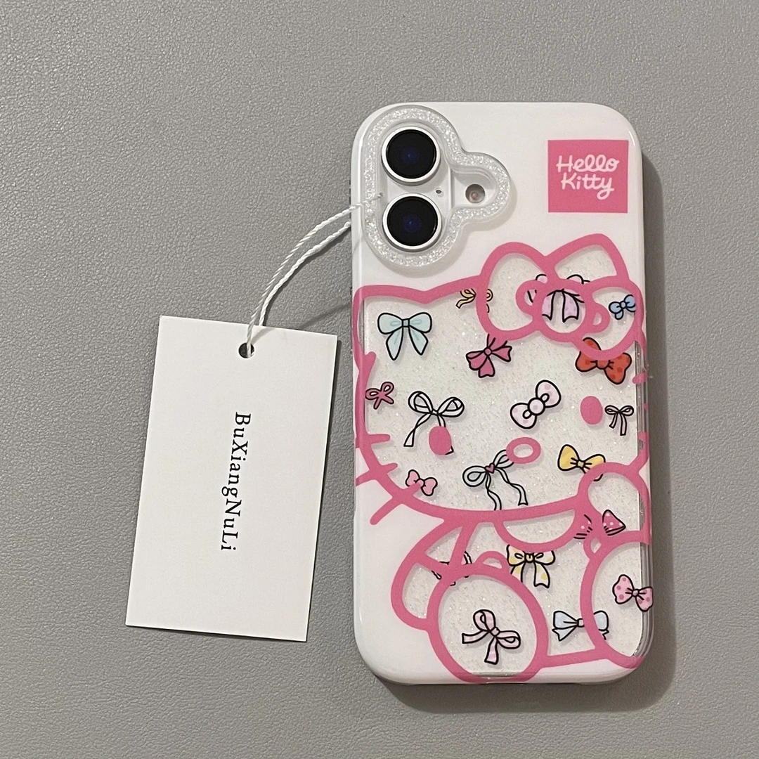 镂空细闪蝴蝶结玫粉线条kitty适用苹果16手机壳iPhone15全包14/13