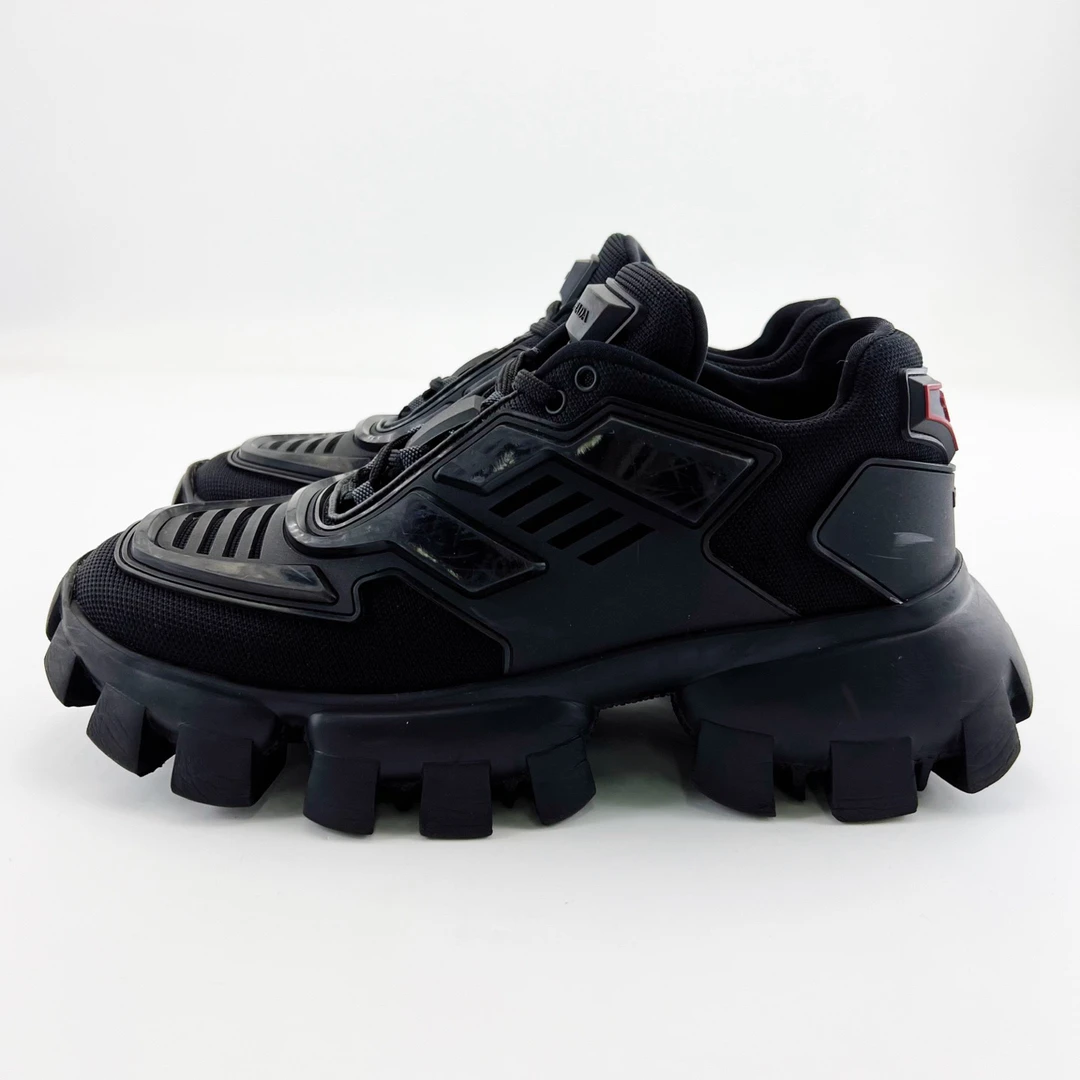 95新 Prada/普拉达 37.5码/黑色锯齿厚底低帮系带松糕鞋/16209316