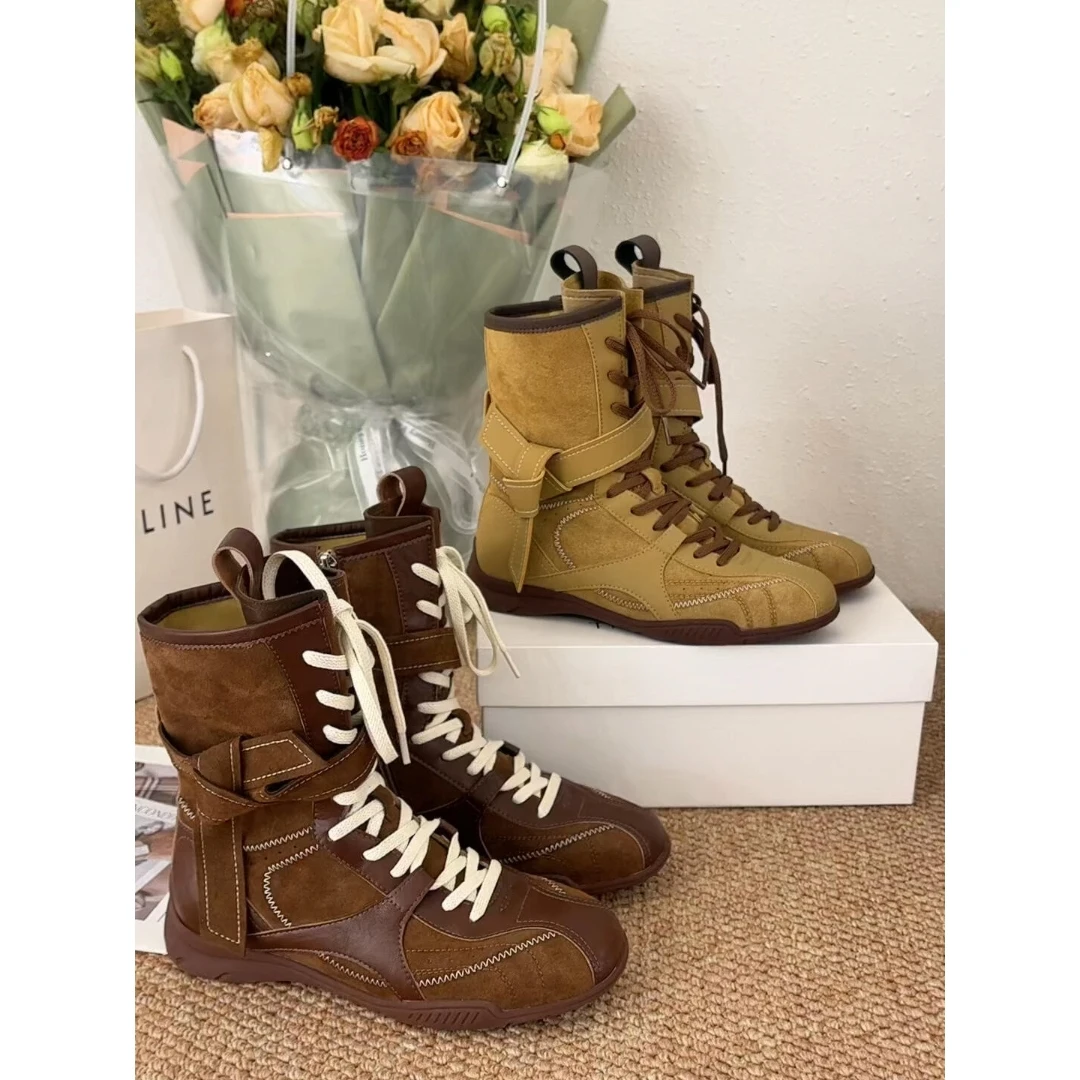 复古英伦风德训马丁靴休闲运动短靴百搭拳击靴圆头中筒西部靴女潮