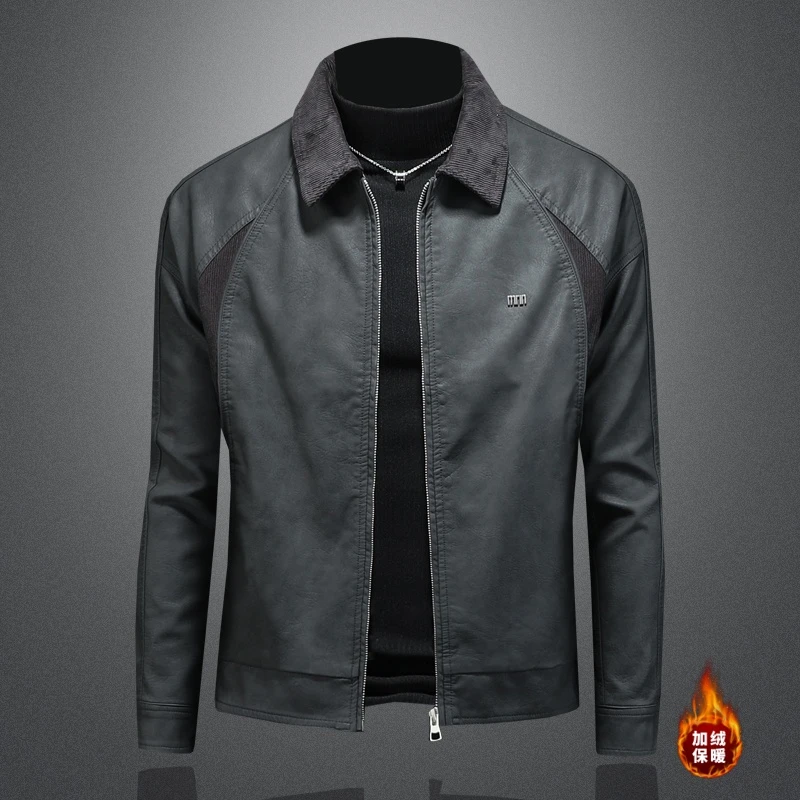 2025帅气秋冬翻领男士加绒皮机车夹克潮流修身休闲韩版保暖外套潮