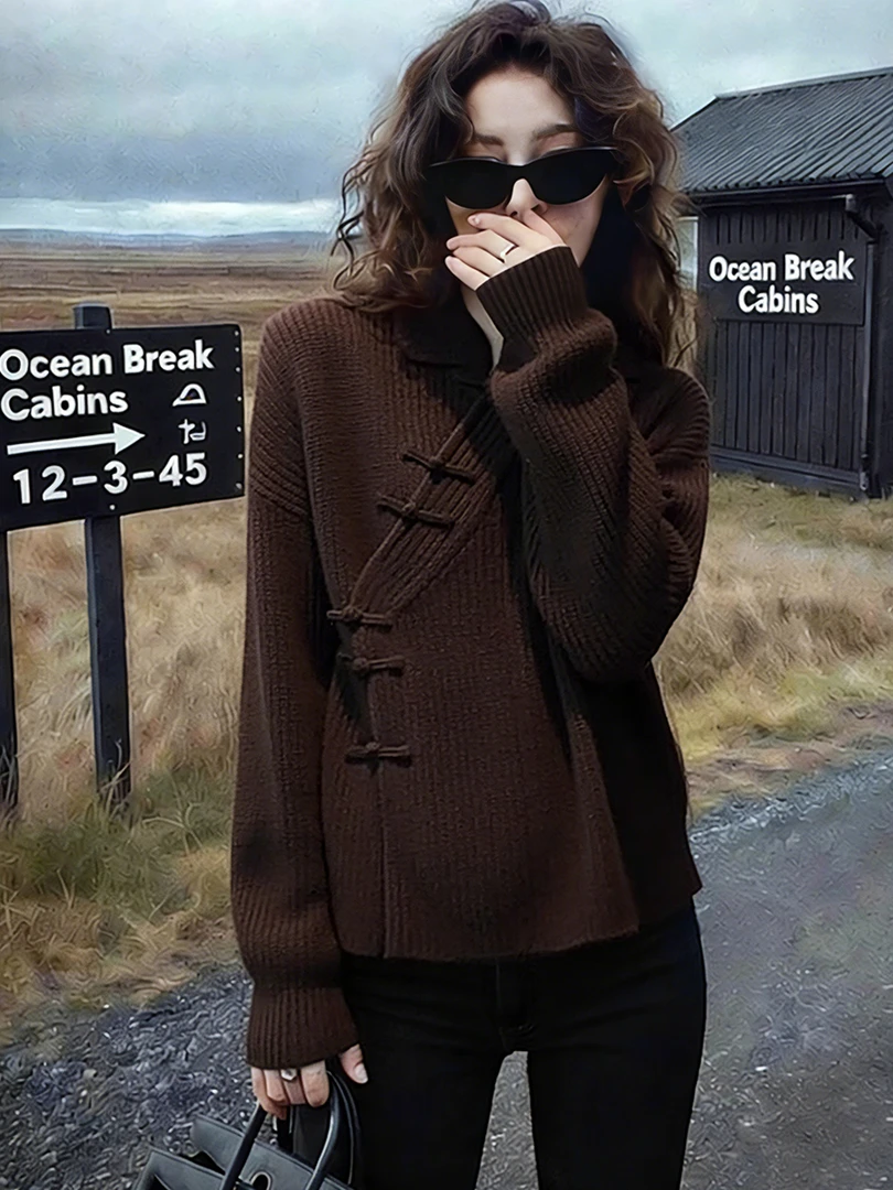 复古新中式棕色立领长袖针织衫2025秋冬女装新款减龄气质国风毛衣